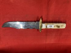 Knives: Extremely large Harry Boden Bowie knife, brass guard, two piece antler handle. Blade 9½