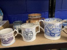 Ceramics: Royal Doulton silver rimmed three handled tankard, transfer printed mug with ships in