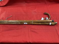 Walking Sticks: Bamboo stick with engraved 18ct gold tip, bamboo stick with silver band, silver