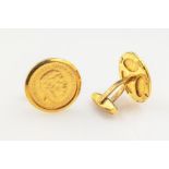 Paar 14 kt Gold Manschettenknöpfe mit Gold- münzen, GG