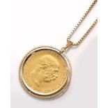 14 kt Gold Anhänger mit Goldmünze, an Kette, GG 585/000,