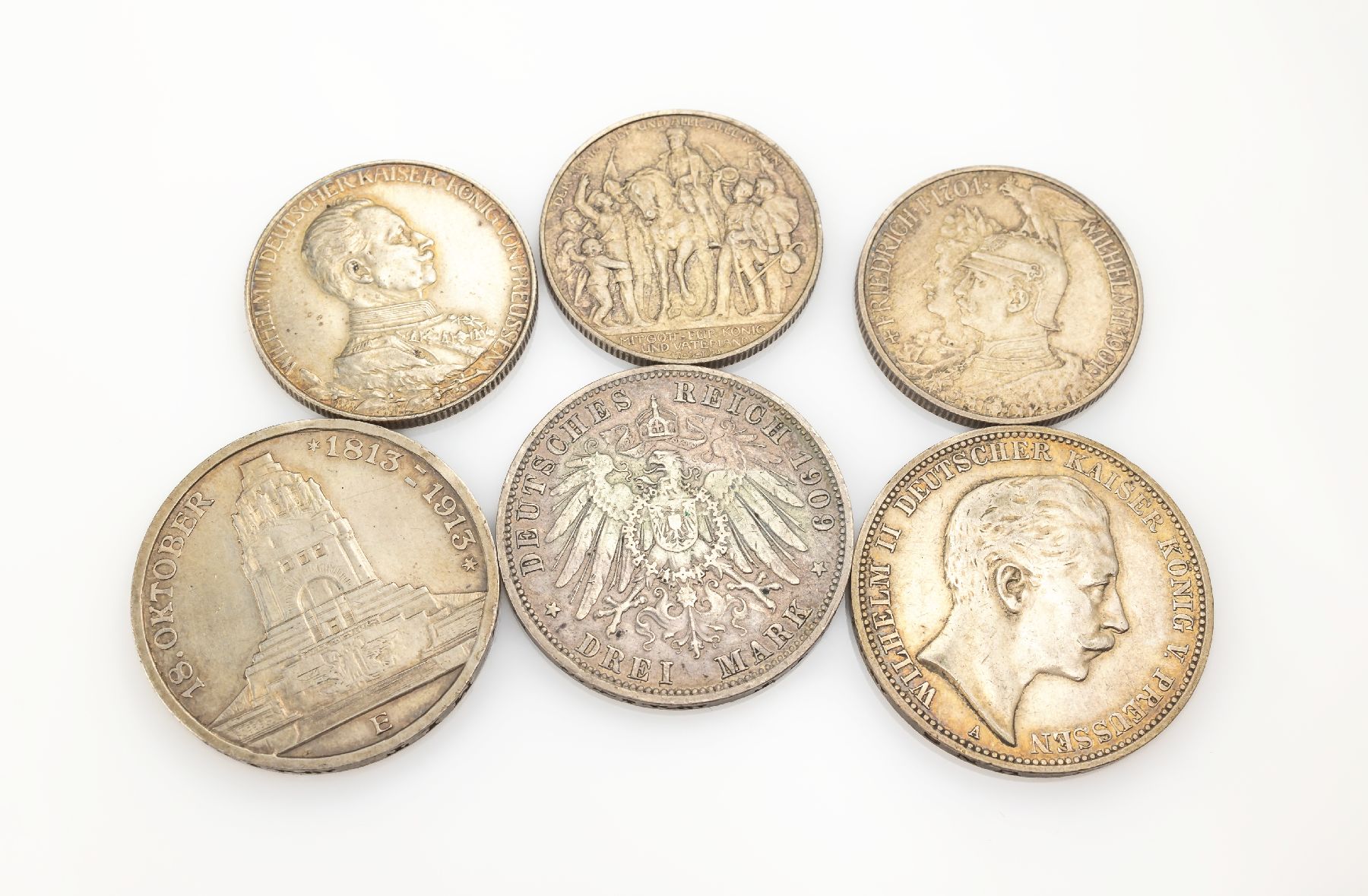 6 Silbermünzen, Preussen, 3 Mark, Deutsches Reich 1909,