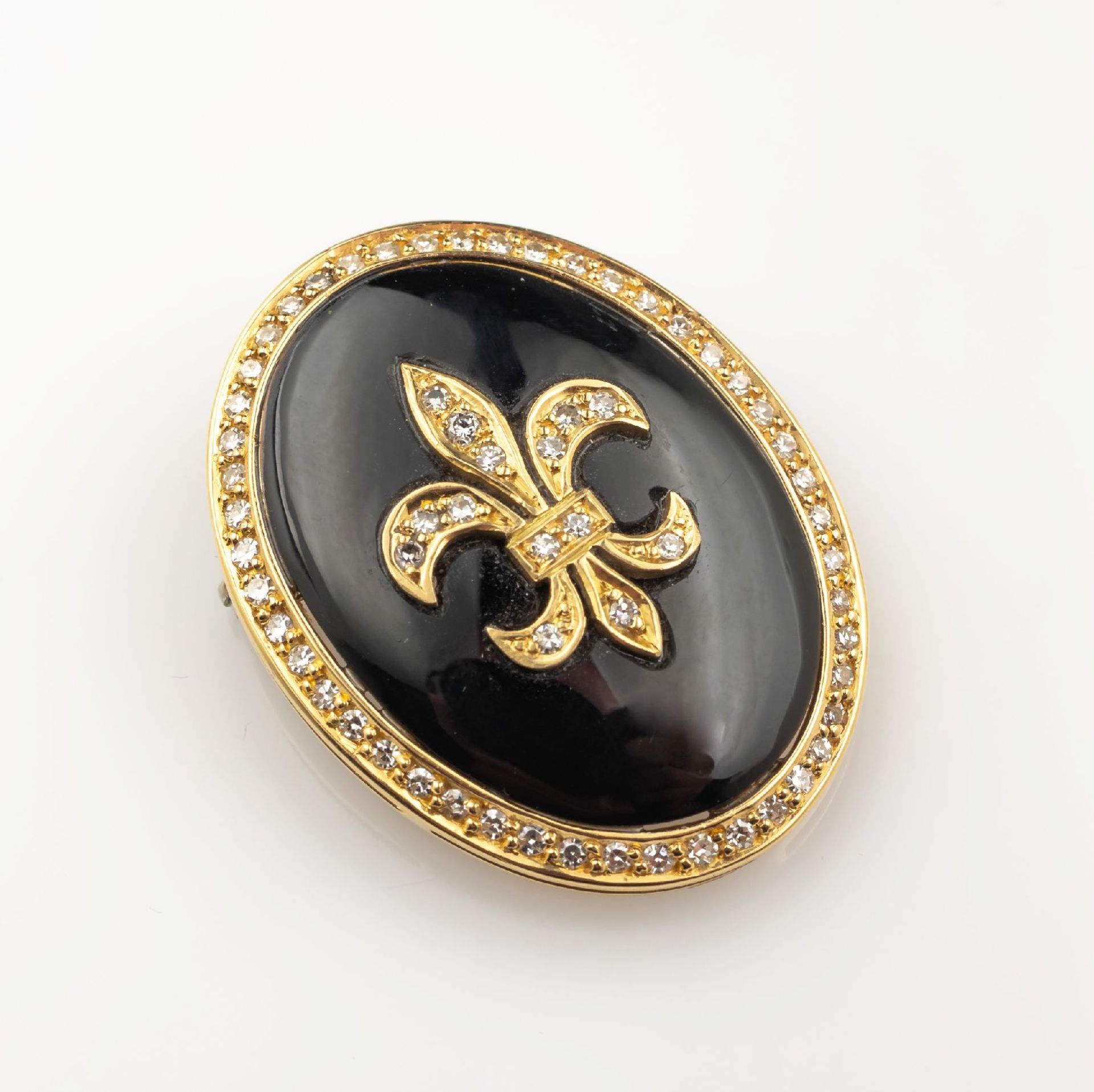 18 kt Gold Brosche mit Onyx und Diamanten, GG 750/000,