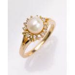 14 kt Gold Ring mit Zuchtperle und Brillanten, GG