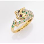 18 kt Gold Ring mit Diamanten, Smaragden und Rubinen, GG