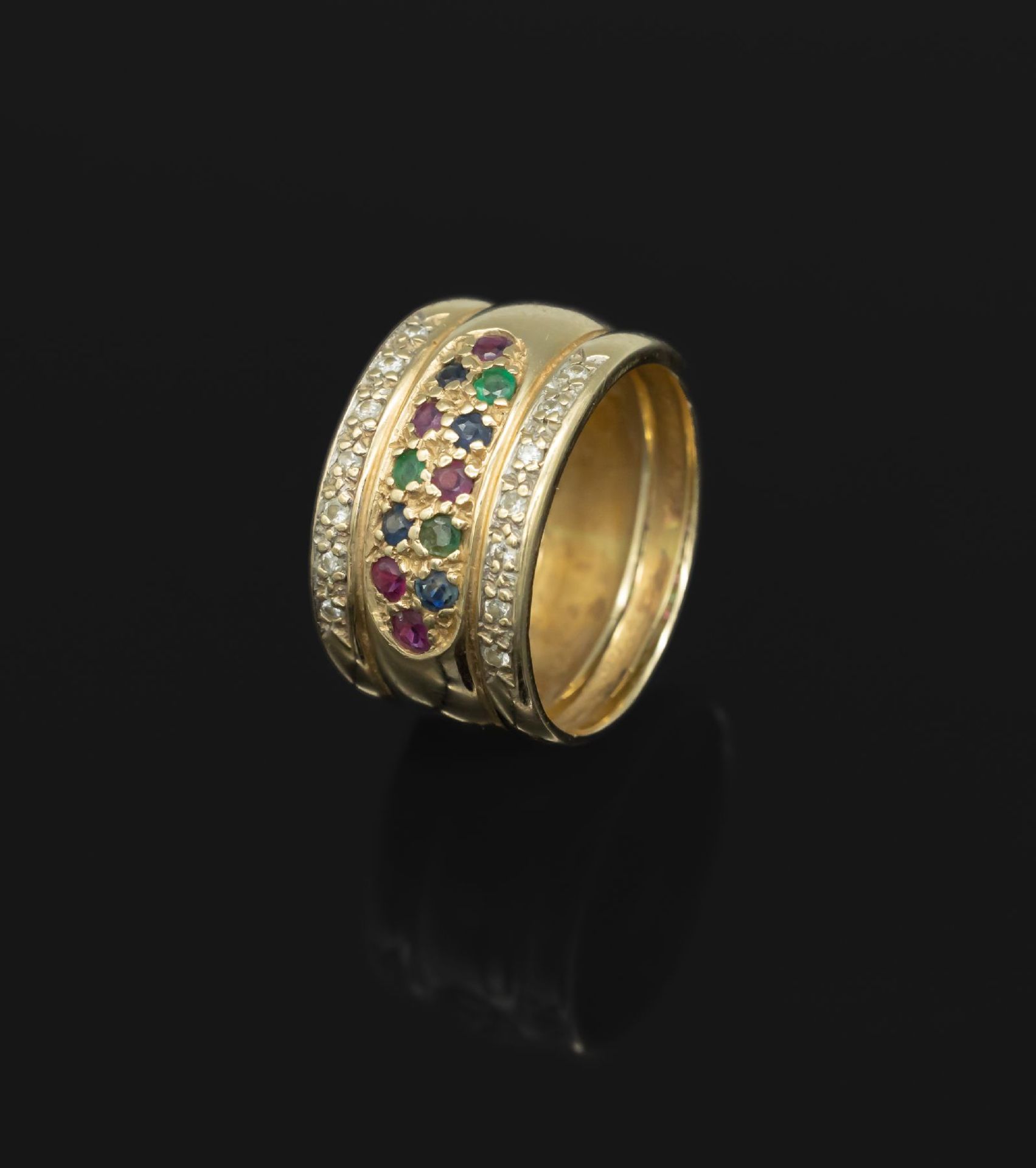 14 kt Gold Farbstein-Brillant-Ring,     GG 585/000, breite