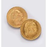 Konvolut 2 Goldmünzen, 8 Florin/20 Kronen, Österreich