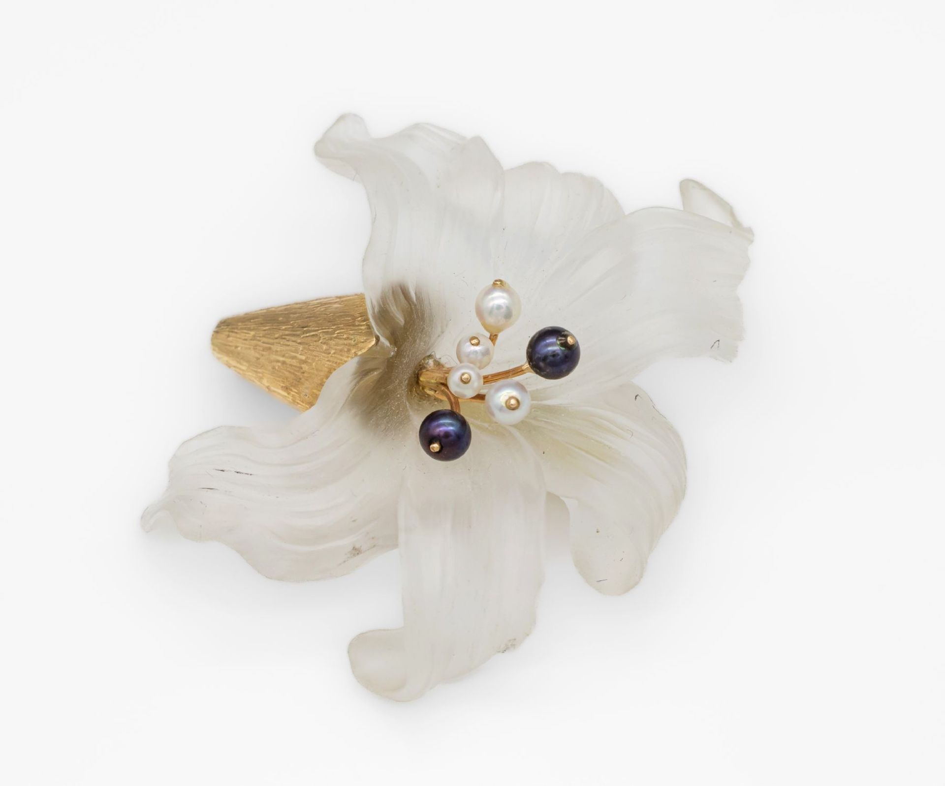 14 kt Gold Blütenbrosche 'Lilie' mit Zuchtperlen,   GG