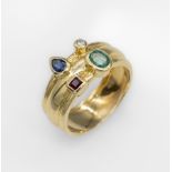 14 kt Gold Ring mit Farbsteinen und Brillant, GG 585/000,