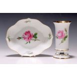 Schale und Vase, Meissen, 60er Jahre, 2. Wahl, rote Rose,