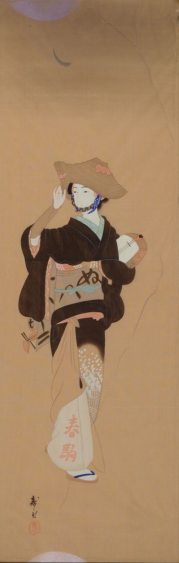 Seidenmalerei, Japan, um 1900, Frau im Kimono mit einem