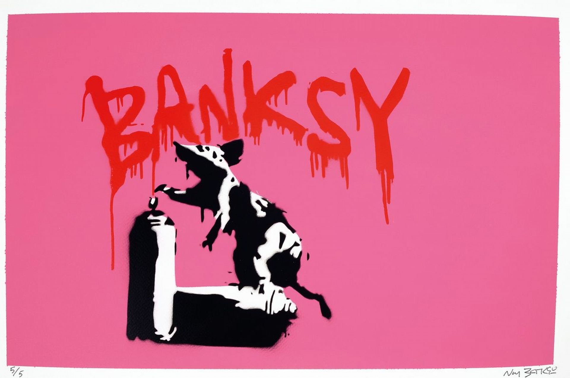 NOT BANKSY, Ratte mit Sprühdose auf Pinkem Grund (2022),