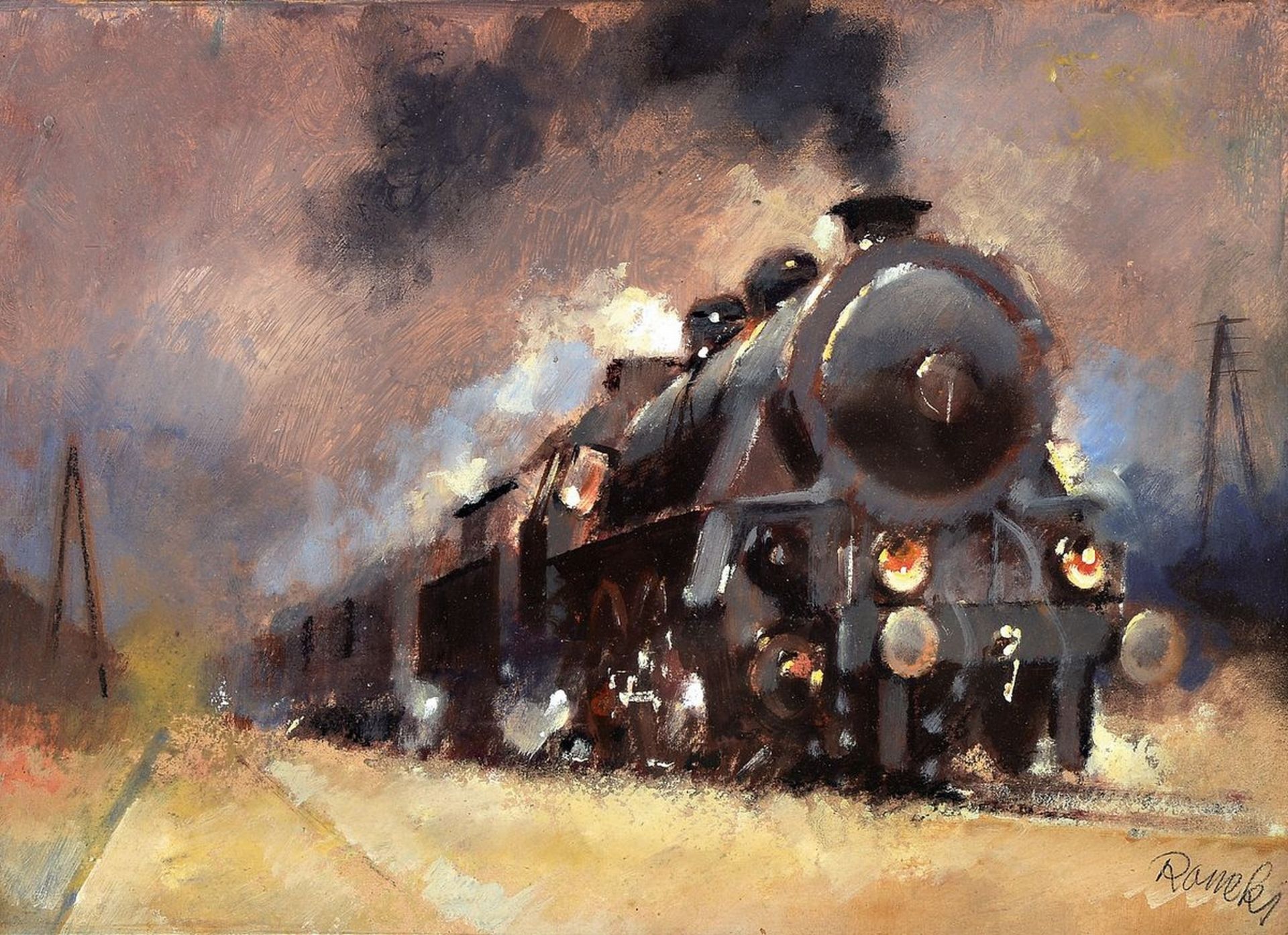 Jaroslav Ronek, 1892-1962, Dampflokomotive, Öl/Malkarton,