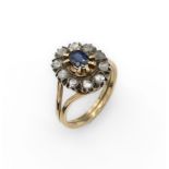 18 kt Gold Ring mit Saphir und Diamanten, deutsch 1870,