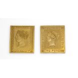 Konvolut 2 Gold Medaillen 'Briefmarken', GG900/000, 1 x