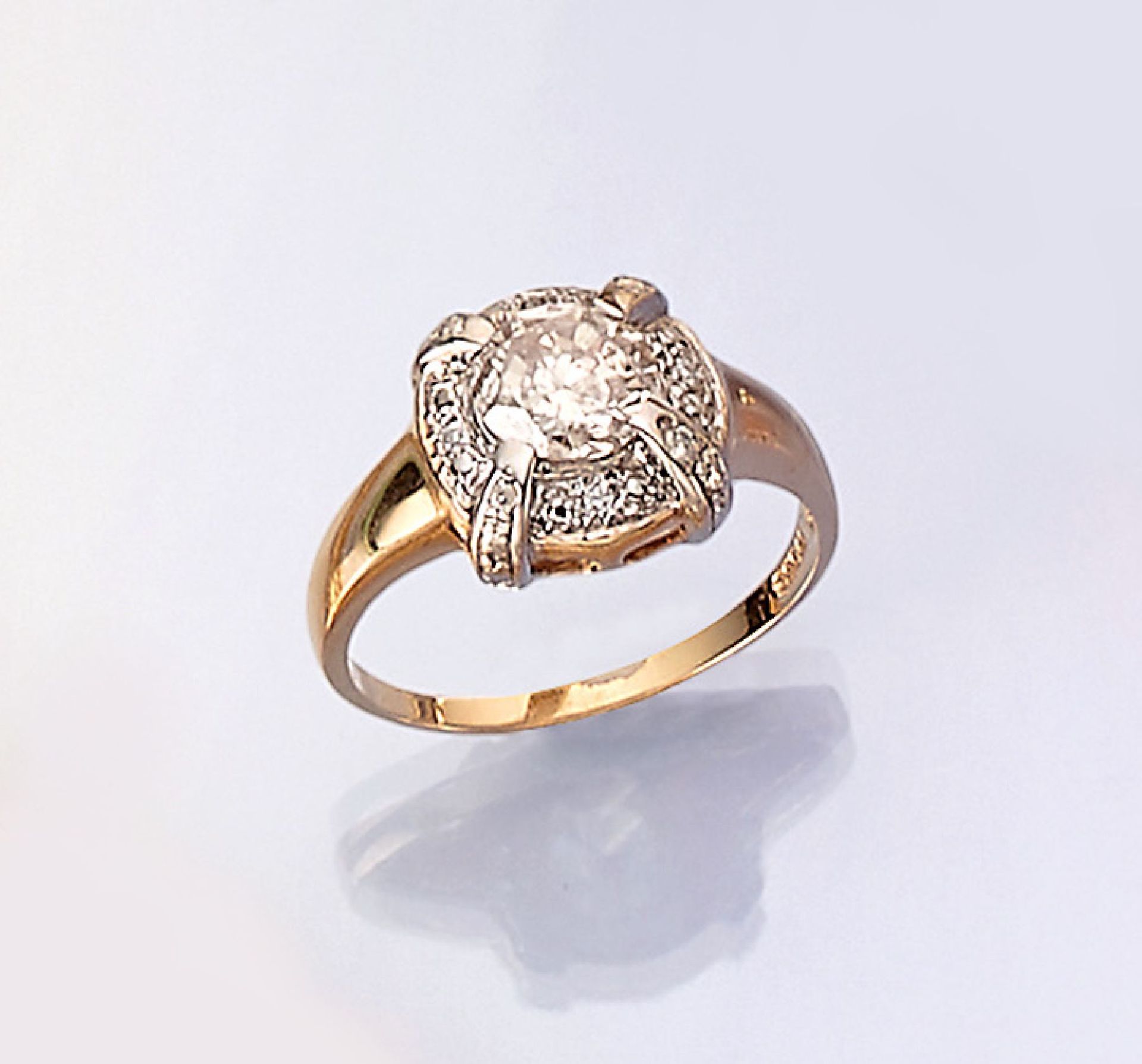 14 kt Gold Brillant-Ring,   GG 585/000, Ringkopf rhod.,