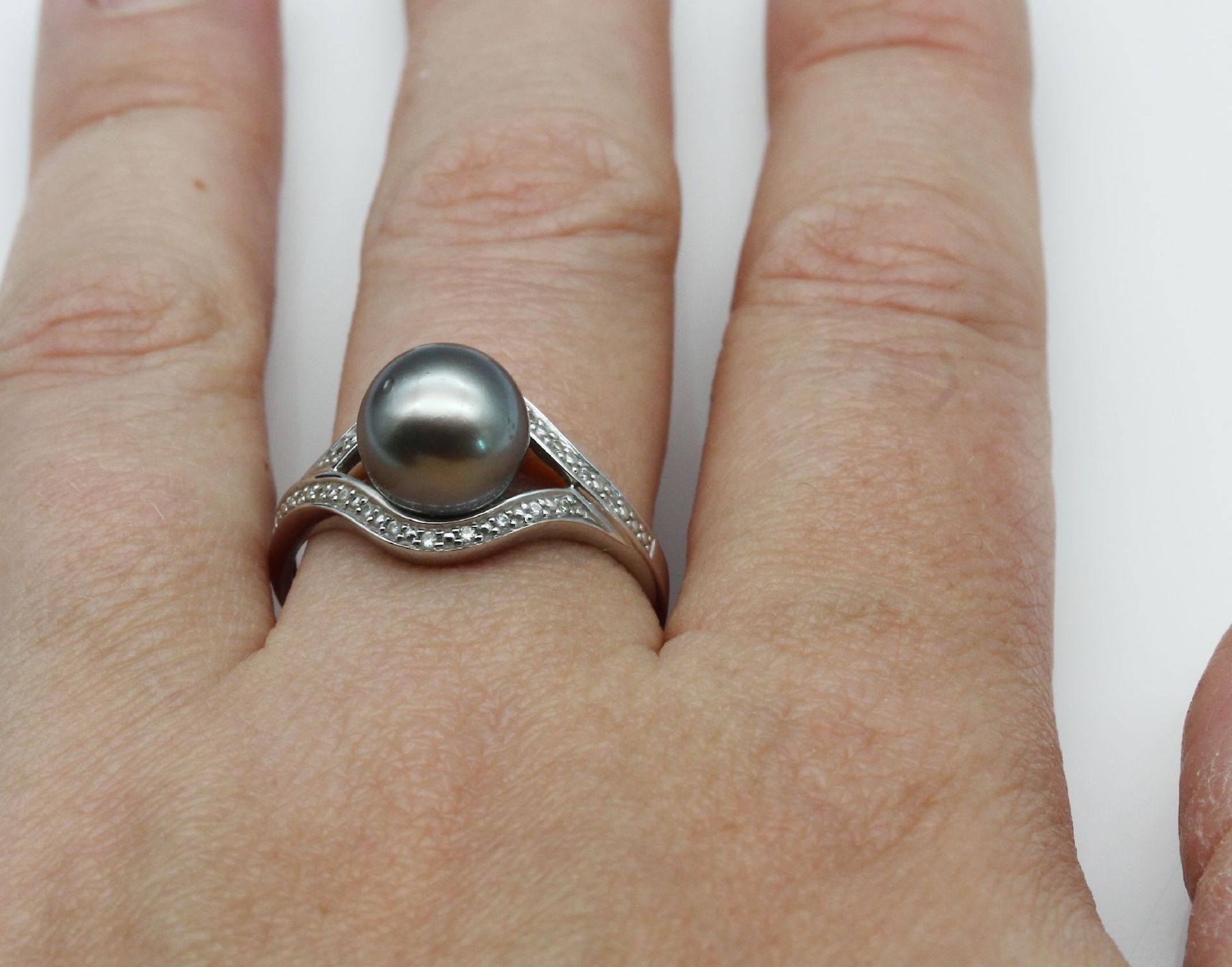 14 kt Gold Perl-Diamant-Ring, WG 585/000, - Bild 3 aus 3