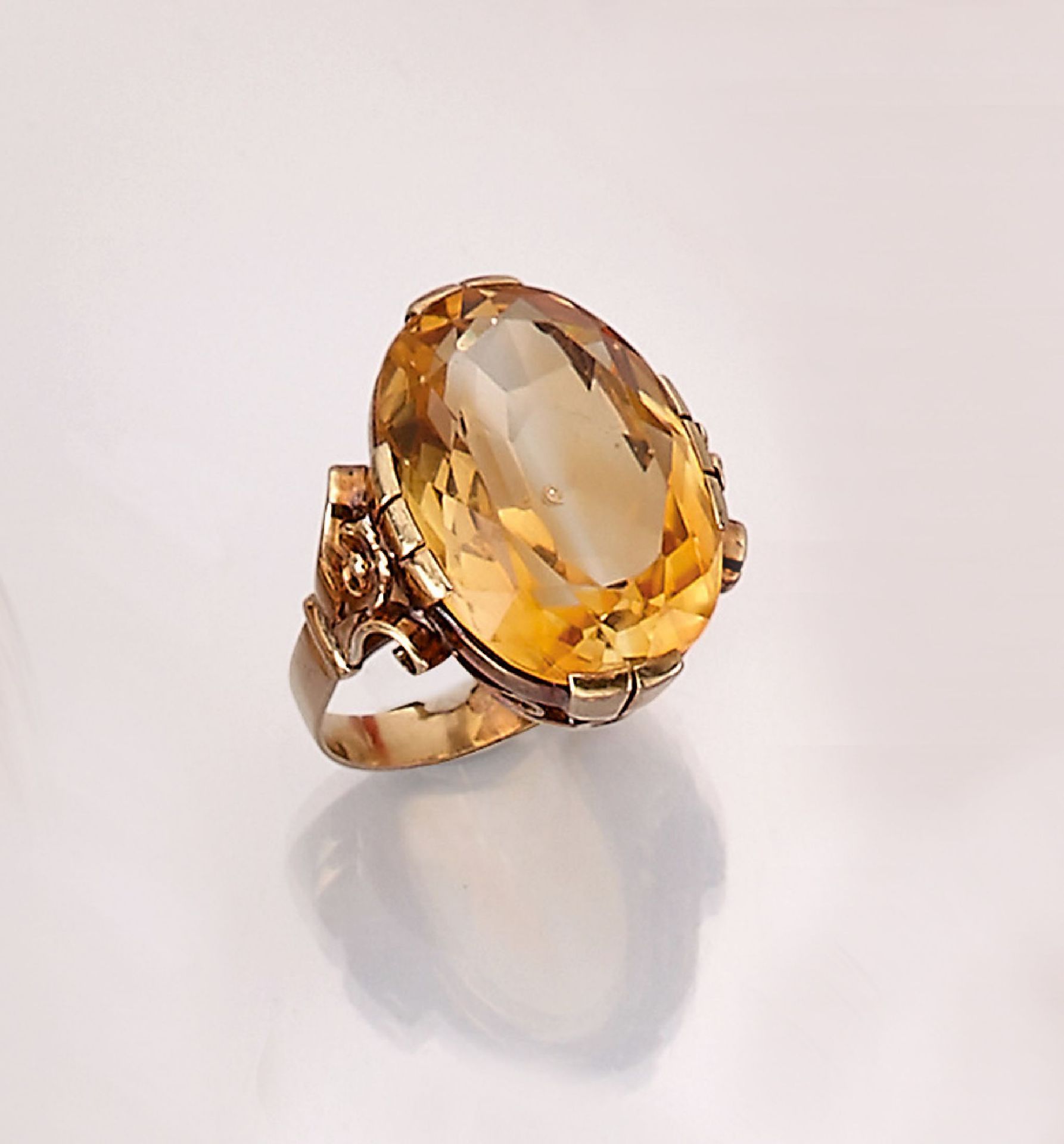 14 kt Gold Citrin-Ring, GG 585/000 gepr., um 1930-40,