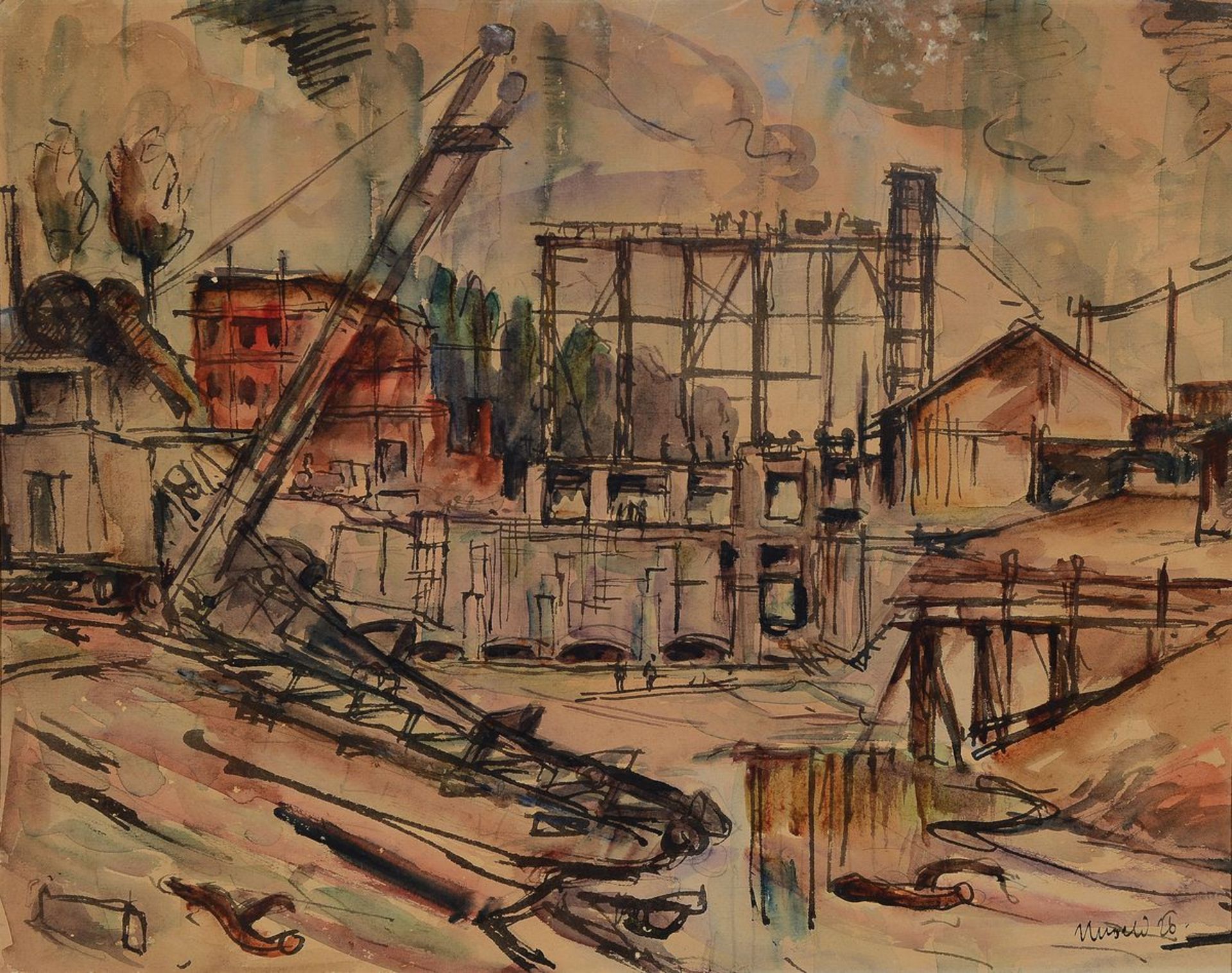 Albert Unseld, 1879-1964 Ulm, Industrielandschaft, Tusche