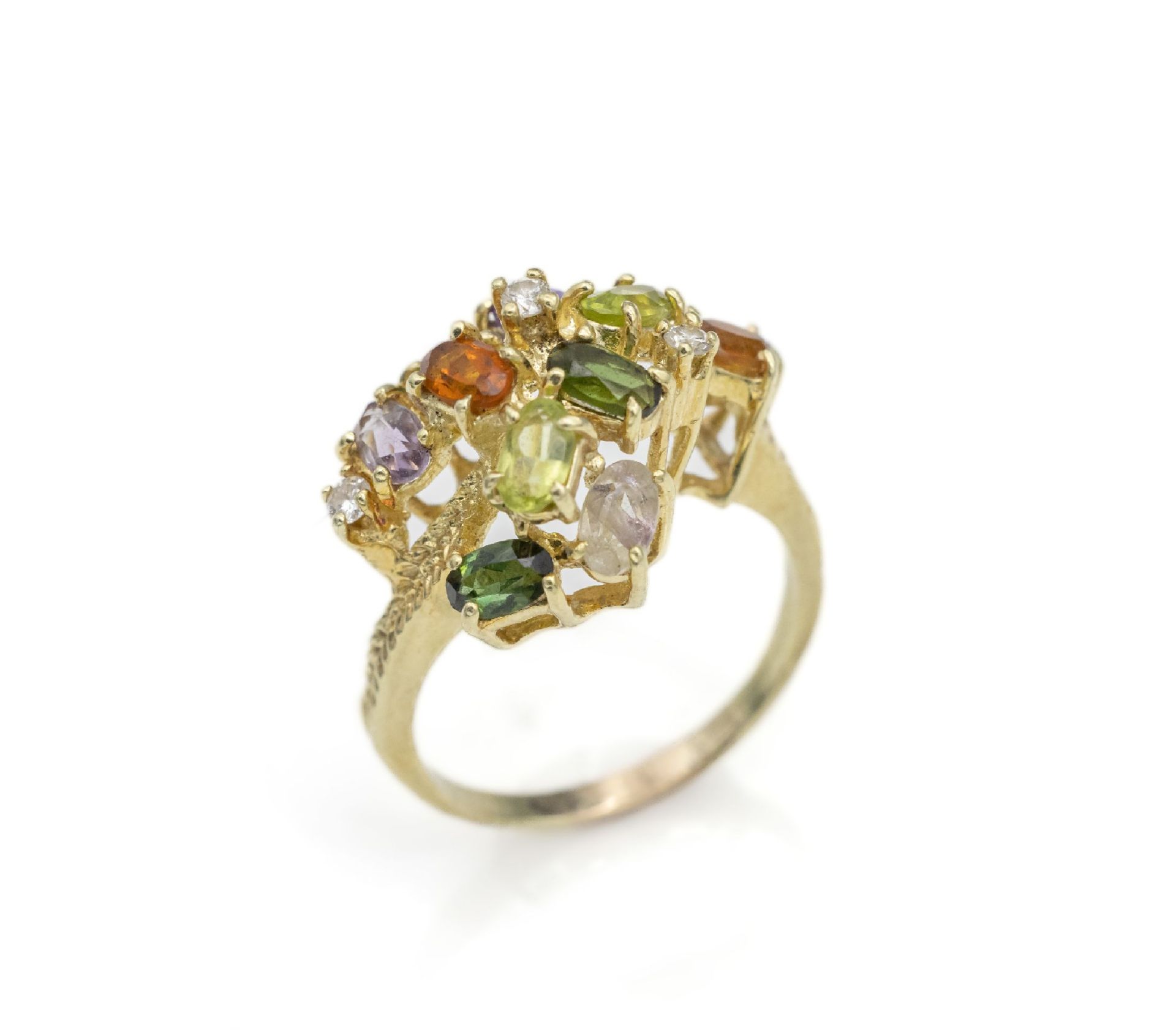 14 kt Gold Farbstein-Brillant-Ring, GG 585/000,