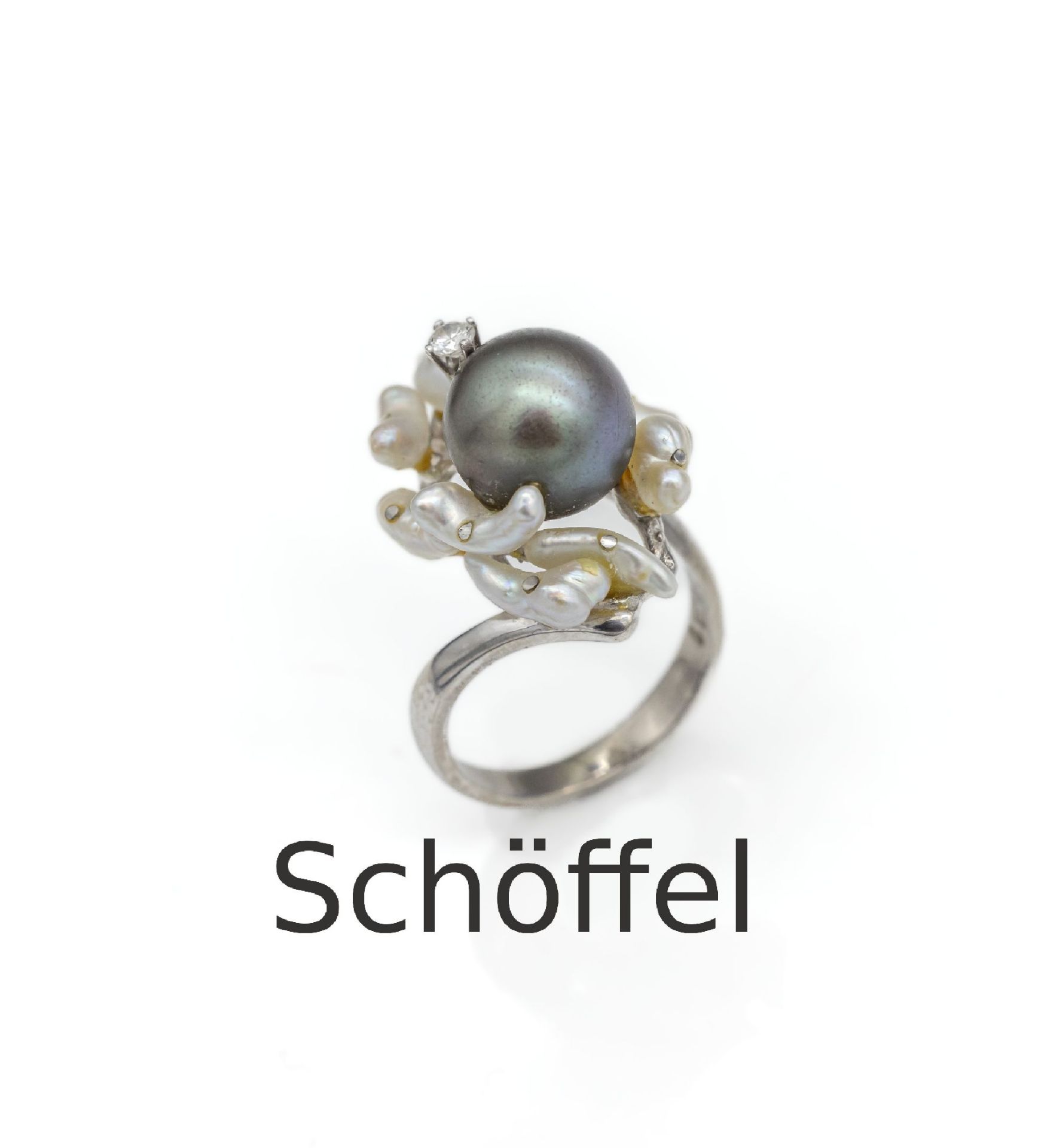 14 kt Gold Schöffel Perl-Diamant Ring,   WG 585/000,