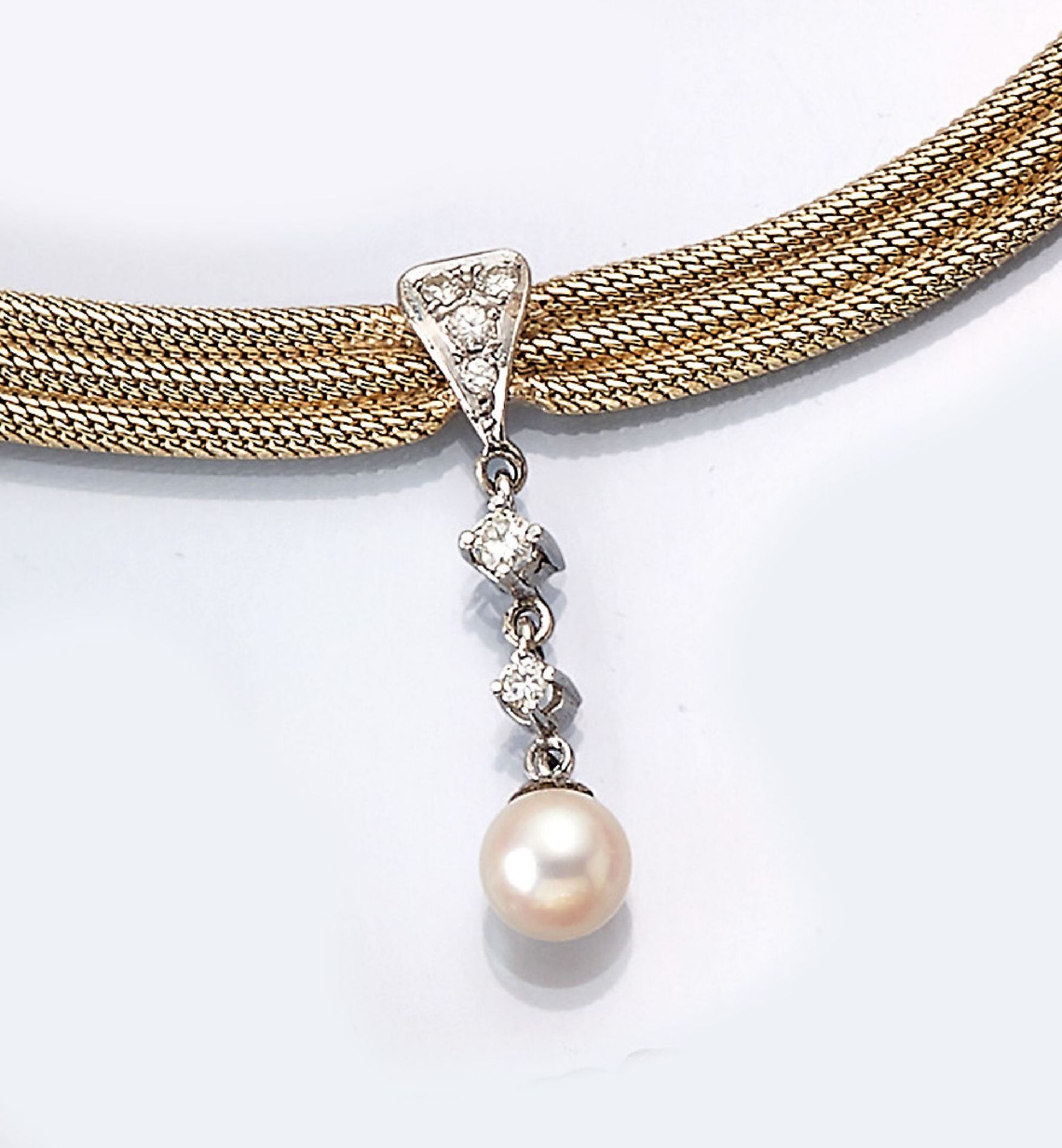 14 kt Gold Collier mit Diamanten und Akoya- zuchtperle,