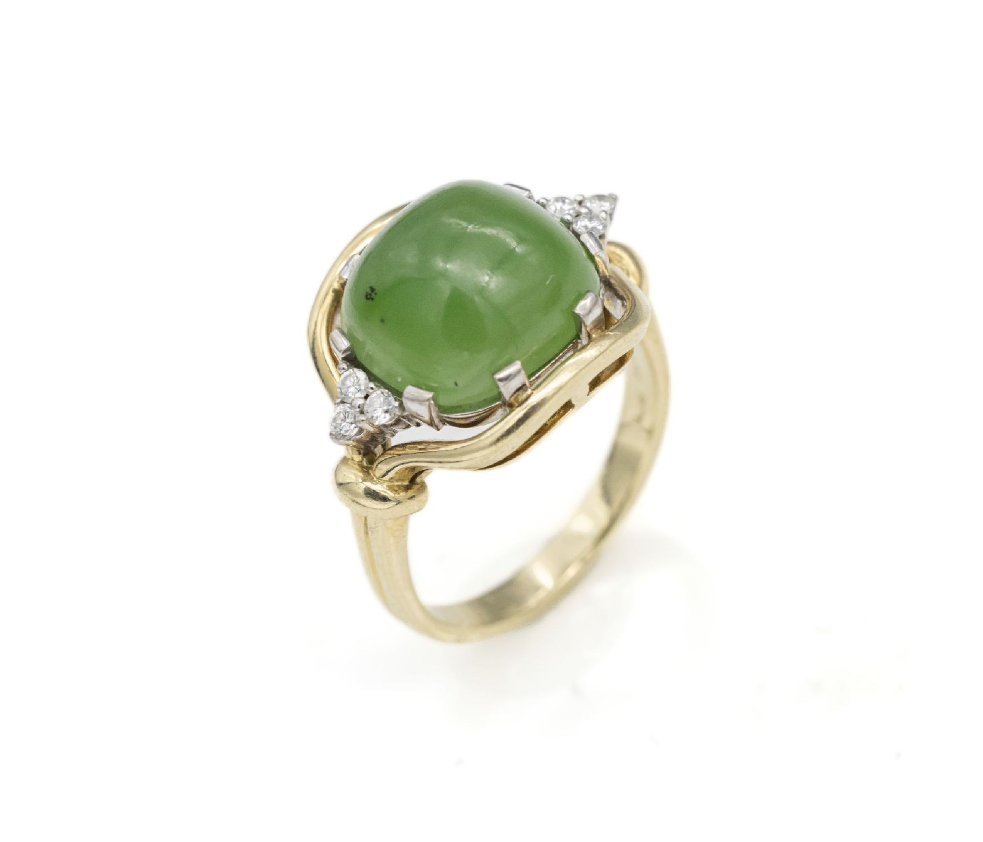 14 kt Gold Jade Brillant Ring, GG/WG 585/ 000, mittiger