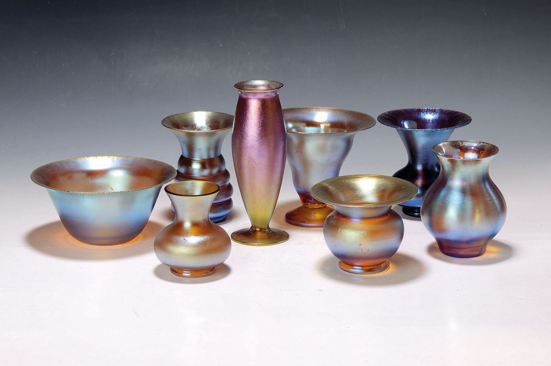8 kleine Myra-Gefäße/Vasen, WMF, 30er Jahre,  Karl