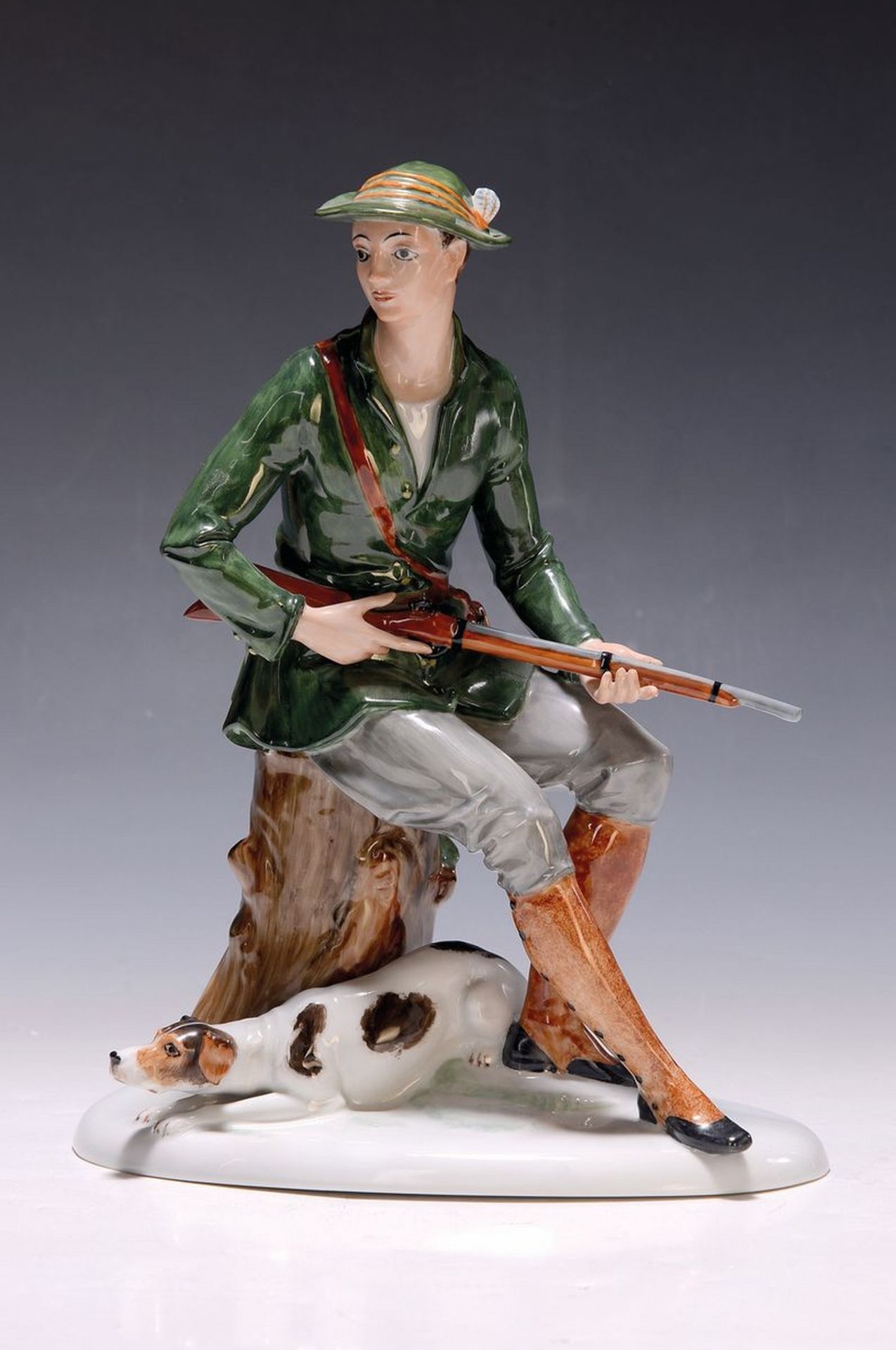 Porzellanfigur, Rosenthal, Jäger mit Jagdhund, Entwurf