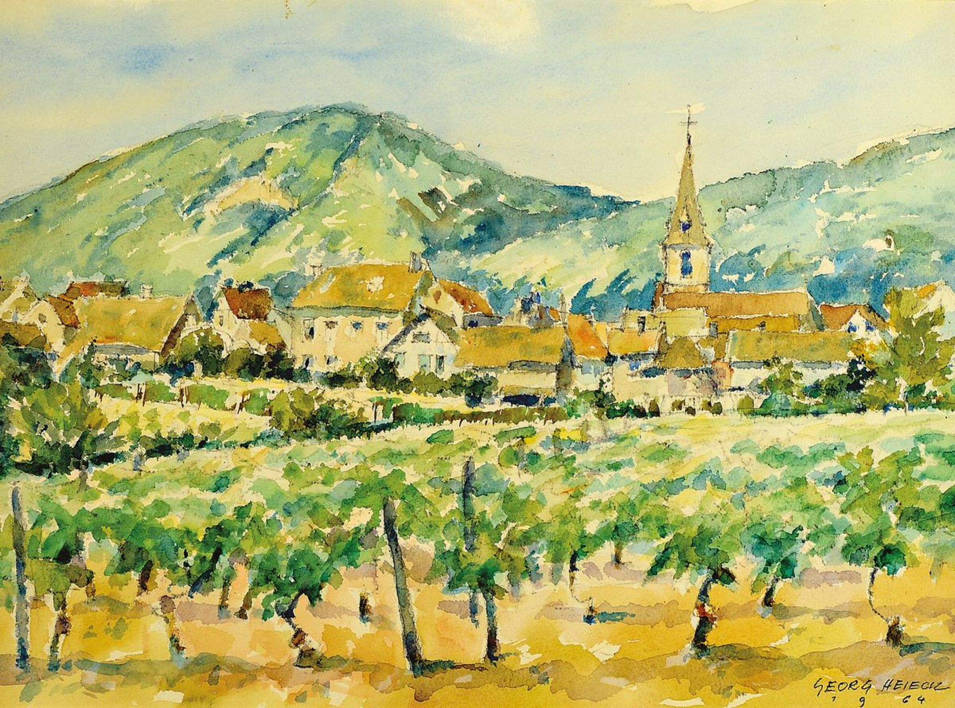 Georg Heieck,  Aquarell, Pfälzer Weindorf, signiert und