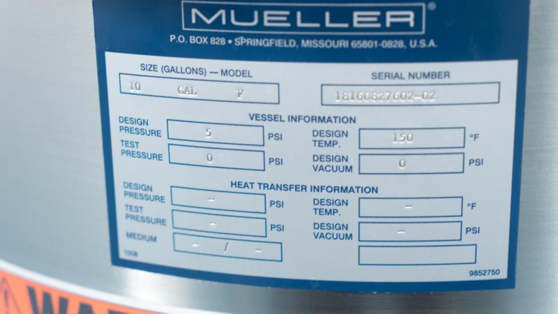 Mueller 10 Gallon Stainless Steel Tank - Image 9 of 10