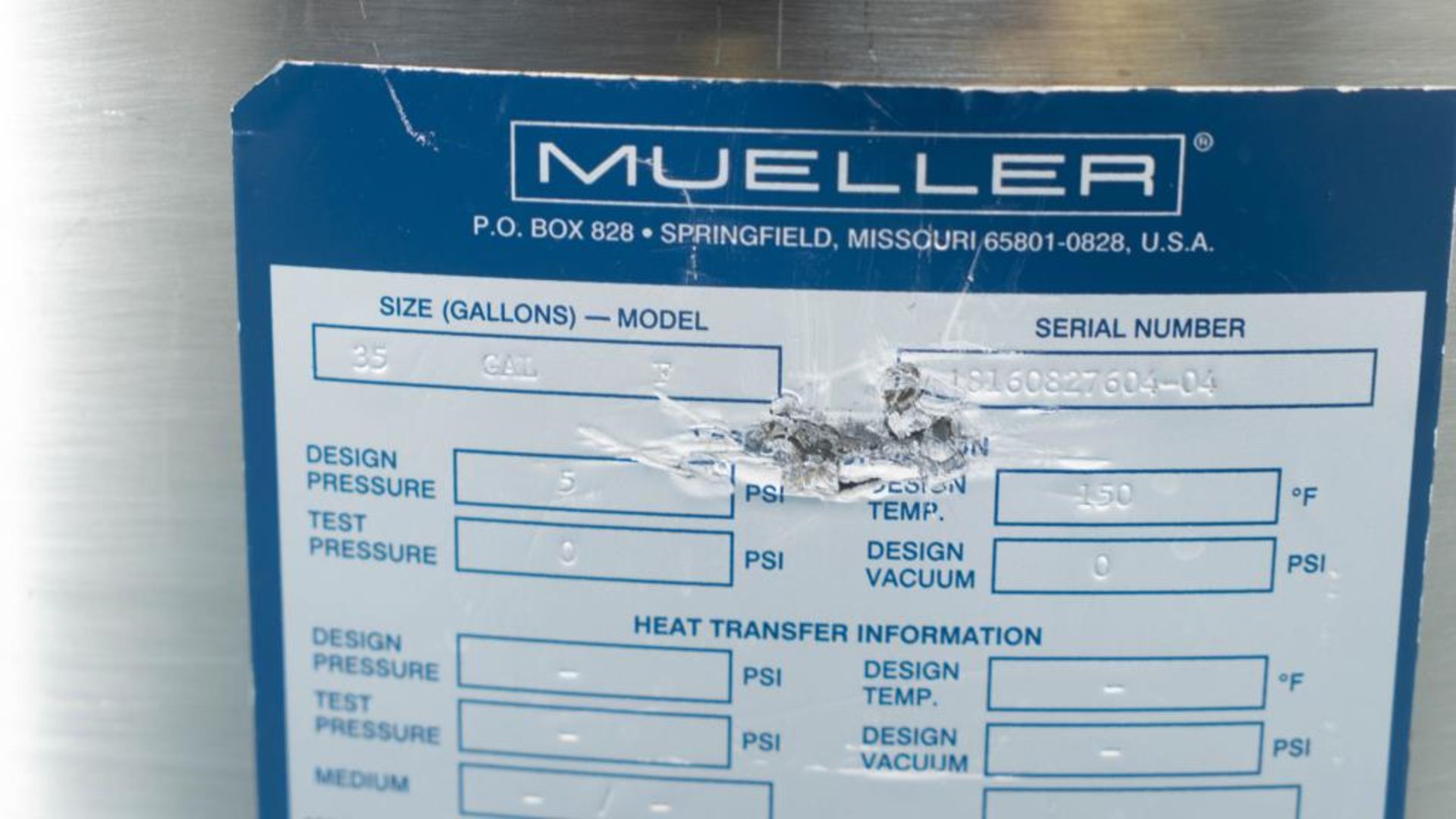 Mueller 35 Gallon Stainless Steel Tank - Image 9 of 12