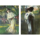 FORTUNEY (1878-1950) Two portraits I. Elegant woman with fur coat II. Young woman in the park with f