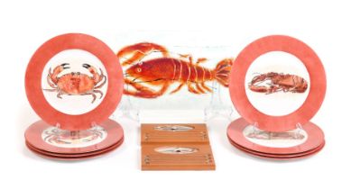 HANDPAINTED PORCELAIN PLATES DECORATED WITH LOBSTERS AND CRABS ACCOMPANIED BY A LARGE GLASS LOBSTER