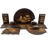 CHINOISERIE LAQUERED INKWELL SET WITH BOOKENDS