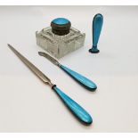 INKWELL SET WITH BLUE ENAMEL, EUROPE, 4 PIECES