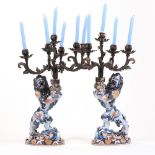 EMILE GALLÉ (1846-1904) PAIR OF HERALDIC LIONS CANDELABRA IN IMARI STYLE JAPANESE SUPPORTING FIVE BR