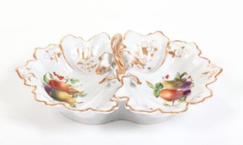 TIELSCH TWO-SIDED LEAF-SHAPED PORCELAIN DISH WITH HANDLE DECORATED WITH FRUITS, FLOWERS AND GILT RIM