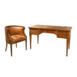 WRITING DESK WITH FIVE MARQUETRY DRAWERS AND CURVED BACK ARMCHAIR