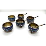 SET OF 6 SILVER FILIGREE AND POLYCHROME ENAMEL SALT CELLARS WITH 4 SILVER SPOONS