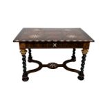 A RECTANGULAR ITALIAN MARQUETRY TABLE ON TWIST LEGS UNITED BY A FLATTENED “X” SHAPE STRETCHER