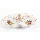 TIELSCH TWO-SIDED LEAF-SHAPED PORCELAIN DISH WITH HANDLE DECORATED WITH FRUITS, FLOWERS AND GILT RIM