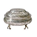 SILVER OVAL CAVIAR BOWL WITH A LID ON ROUNDED LEGS WITH A ROCAILLE DECOR (+)