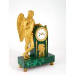 FRENCH ORMOLU, PATINATED-BRONZE AND MALACHITE MANTEL CLOCK, Early 19th century