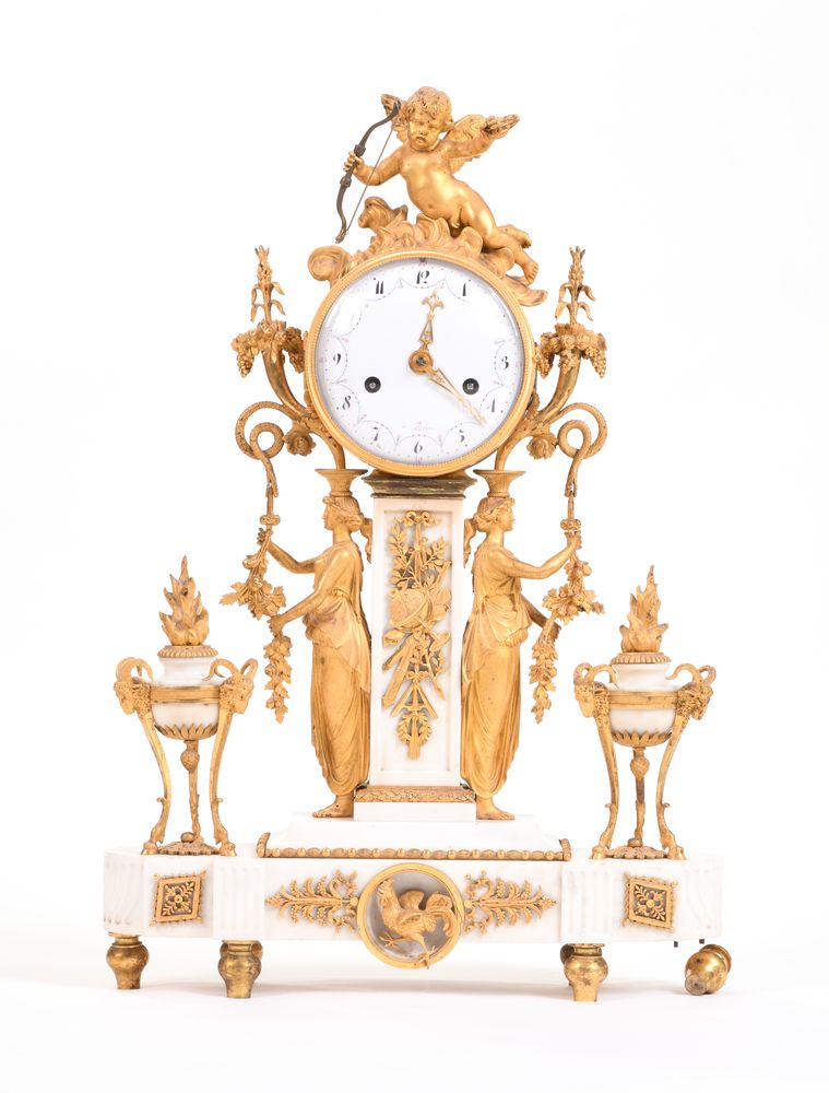 IMPORTANT FRENCH LOUIS XVI STYLE GILT BRONZE AND MARBLE MANTEL CLOCK, 19TH CENTURY