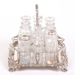 SILVER CONDIMENT HOLDER WITH EIGHT CRYSTAL BOTTLES FOR OIL, VINEGAR, MUSTARD, SALT AND PEPPER