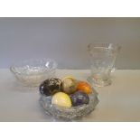 A Glass Water Jug, Fruit Bowl, Ashtray & 7 Onyx Eggs