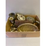 A Box Including Assorted Tea & Coffee Pots, Candlesticks, Tea Knives In Case