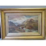 Large Oil On Canvas In Gilt Frame (Cattle) By M E Jackson. Damaged.