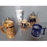 4 German Beer Steins/Tankards, Aynsley Vase & Other Pieces